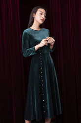 Velvet long-sleeve midi dress with pearl embellishments and soft flared silhouette